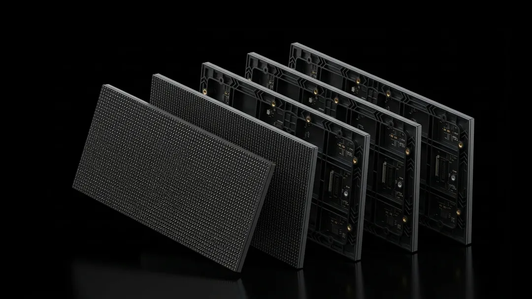 Precision 320mm by 120mm LED video wall modules fanned out in dynamic cascade showing black dotted diode matrix and structural die-cast chassis