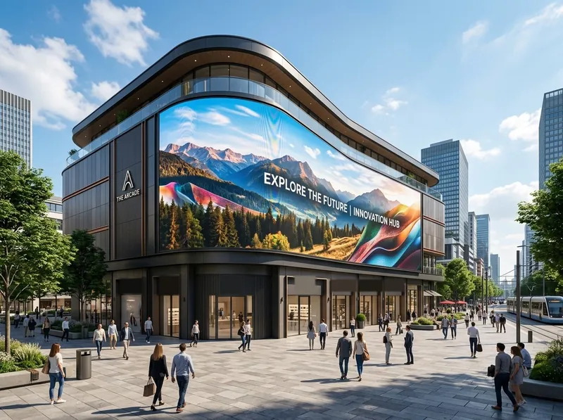 Curved outdoor LED video wall on a building facade above a row of street-level shopfronts