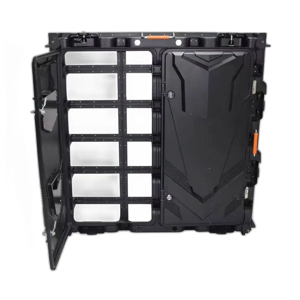 Rear-access mild steel LED cabinet with its service door open, showing the module frame inside
