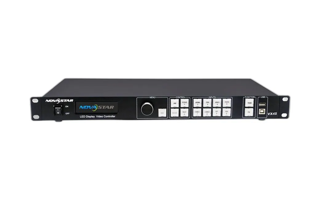 A rack-mounted Novastar LED display video controller with input buttons on its front panel