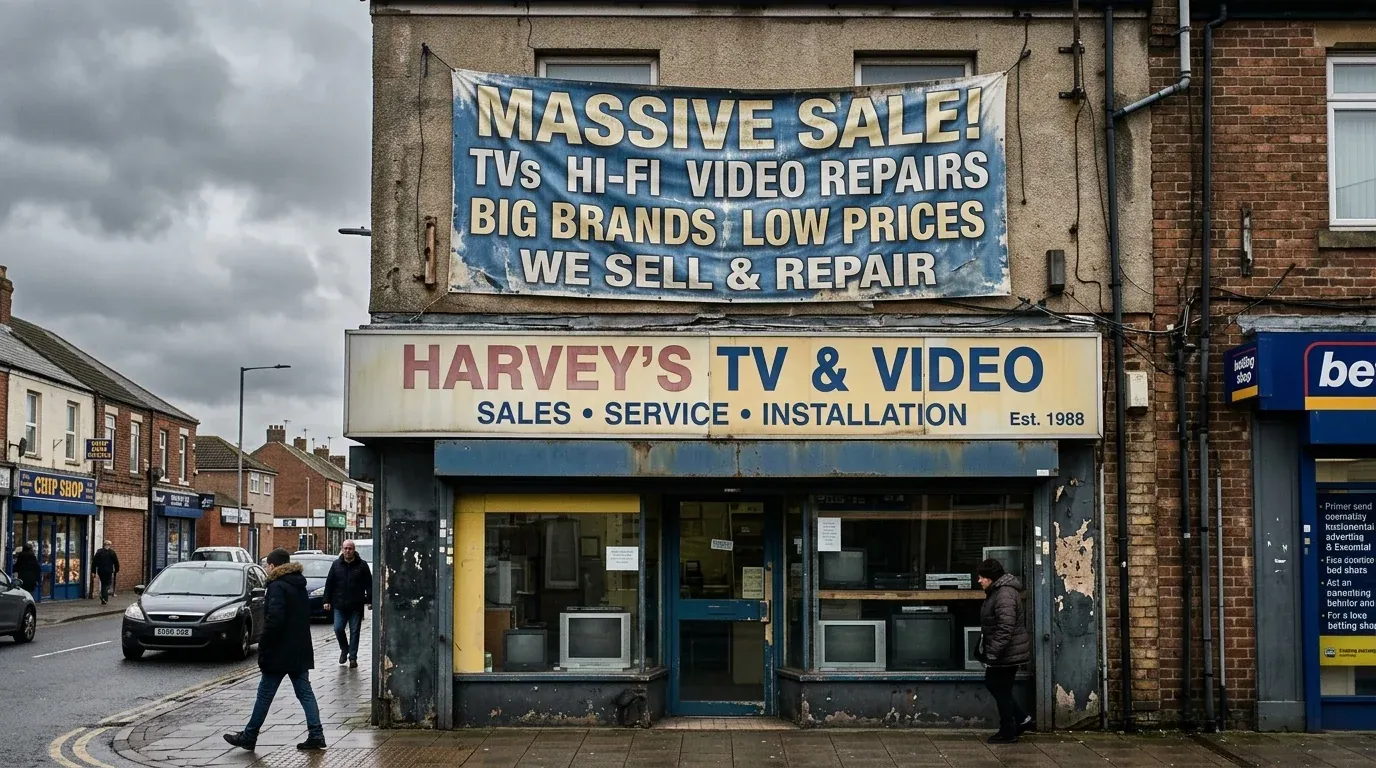 A shopfront crowded with printed flex banners and sale signs that passers-by walk straight past