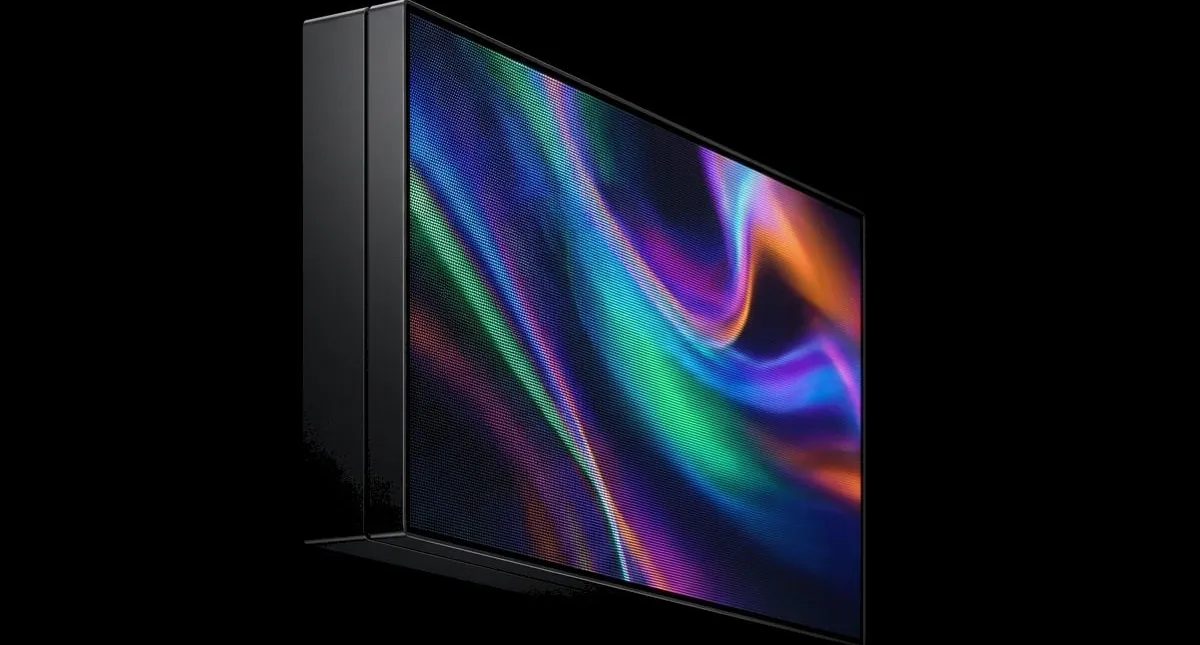Side view of an LED wall cabinet on a black background, showing its depth behind the screen
