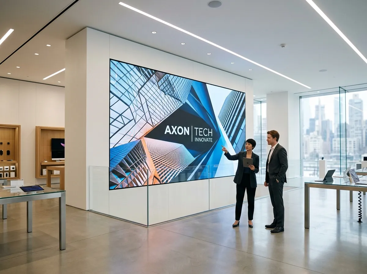 Illustration of a fine-pitch LED wall in a bright corporate reception, with two people standing close to it