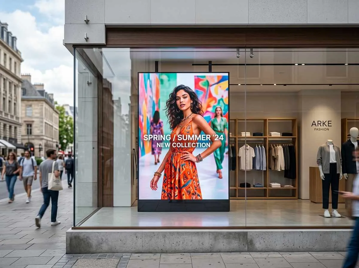 Portrait LED display behind a street-facing shop window in daylight, with pedestrians passing on the pavement