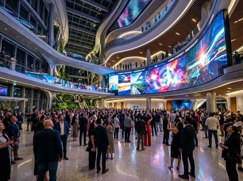 Illustration of a multi-storey commercial atrium with curved LED video walls along the balconies and a crowd below