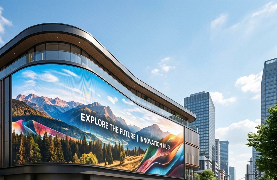 Large-format LED display across the upper floors of a commercial building, read from the street and the road beyond, the kind of wall an outdoor P10 module is built for