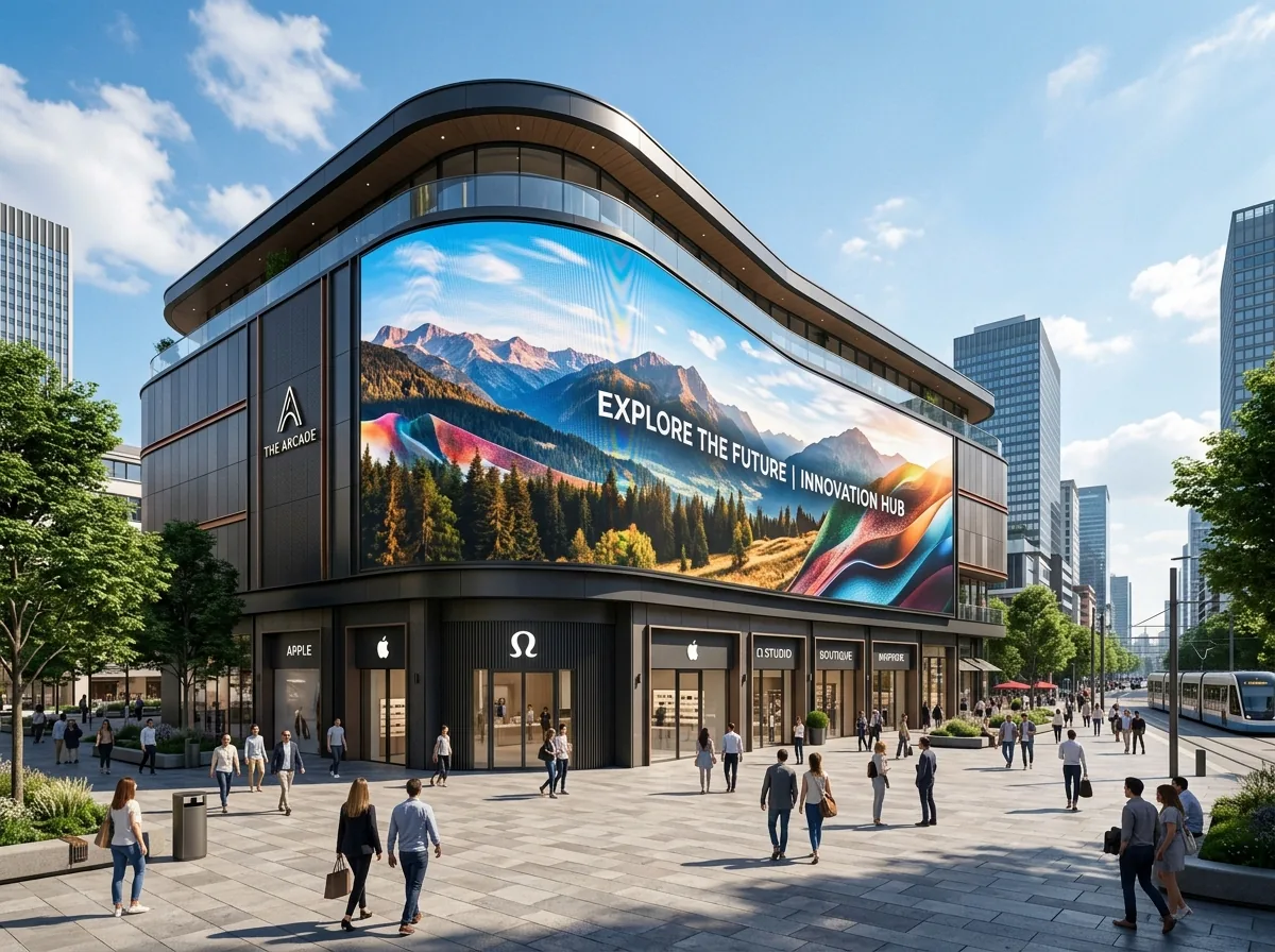 Outdoor P4 LED display on a curved shopfront facade, read by shoppers from the pavement at 4 m and beyond